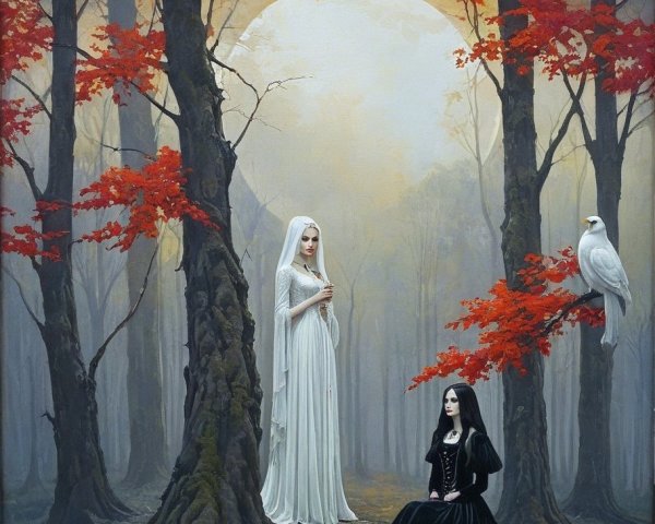 Ethereal Figures in a Misty Forest at Dusk