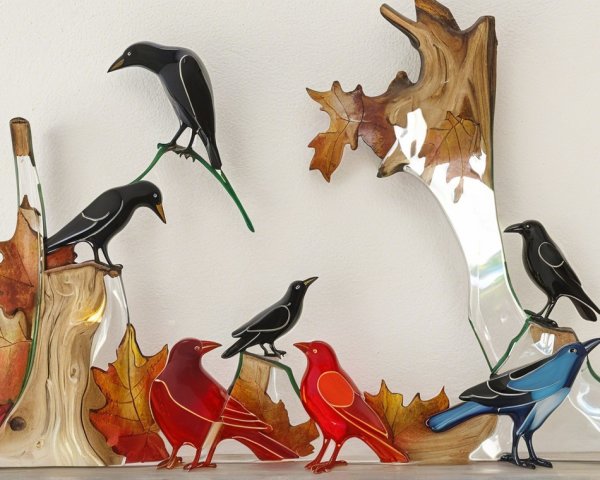 Decorative Wood and Glass Piece with Colorful Birds