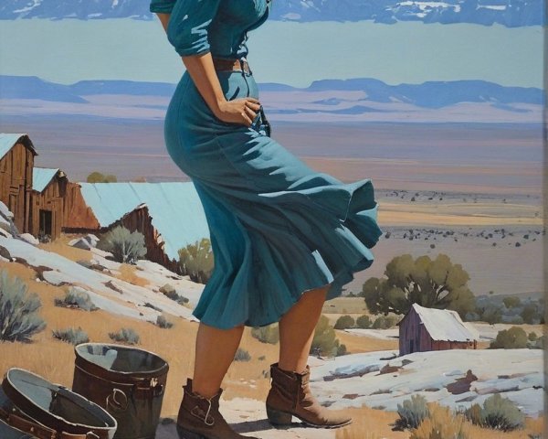 Woman in Blue Dress Against Desert Landscape