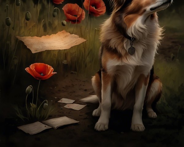 Thoughtful Dog Surrounded by Vibrant Poppies and Books