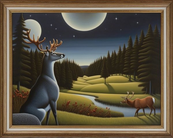 Serene Night Landscape with Deer by a River