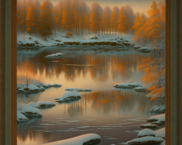 Winter River Reflection with Snow-Covered Banks