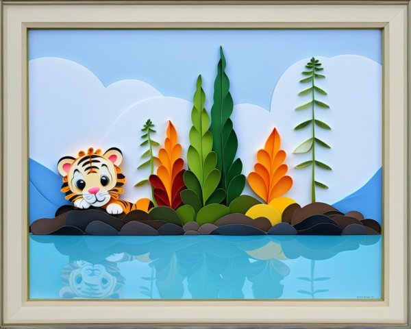 Vibrant Paper-Cut Artwork of a Tiger Cub in Nature