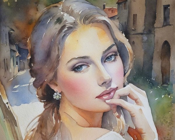 Watercolor Portrait of a Young Woman in a Village