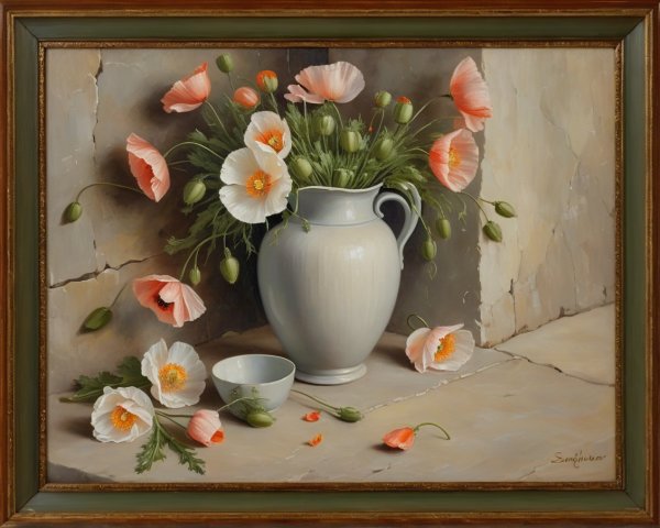 Still-life of White Vase with Pink Poppies and Bowl