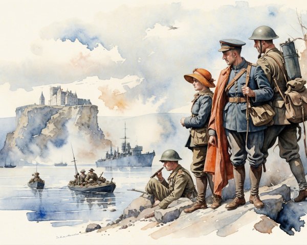 World War I Soldiers by Coastal Landscape with Castle