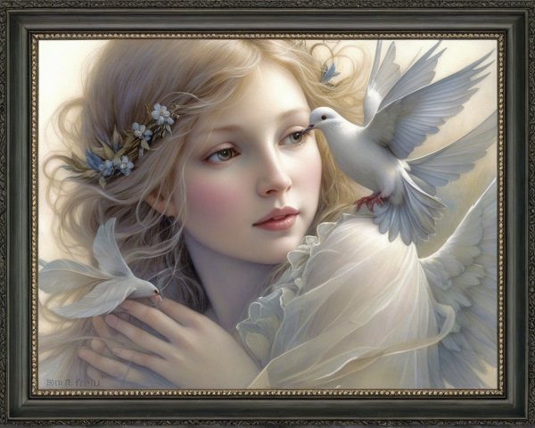 Serene Portrait of a Young Woman with Doves and Flowers