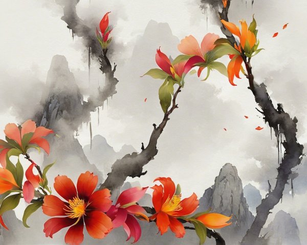 Serene Landscape with Floral Arrangements and Mountains