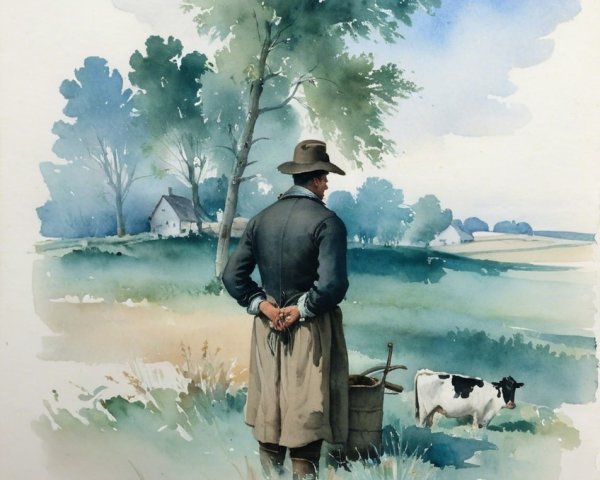 Watercolor Scene of Farmer in Lush Landscape
