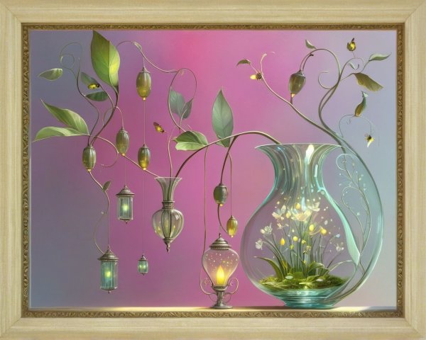 Whimsical Glass Composition with Vines and Lanterns
