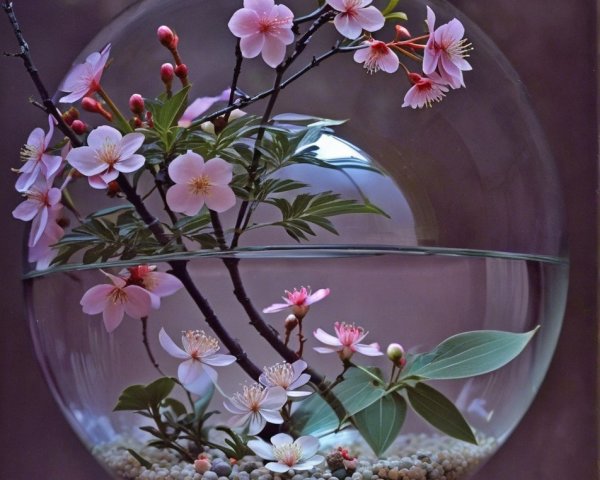 Round Glass Terrarium with Cherry Blossoms and Water