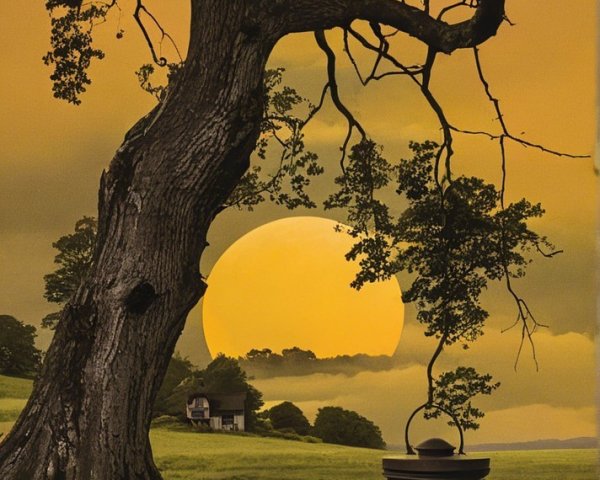 Majestic tree by tranquil waterway at sunset