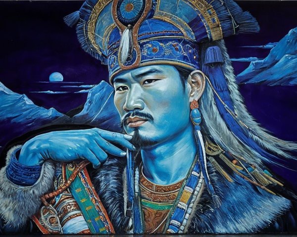 Vibrant Figure in Traditional Attire with Mystical Backdrop