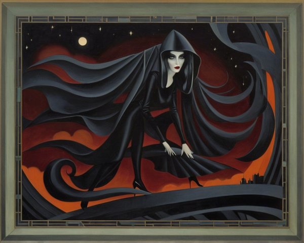 Mysterious Figure in Black Cloak Against Dramatic Sky