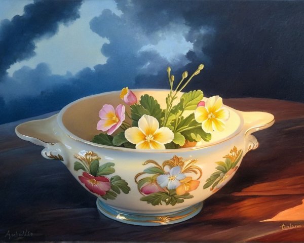 Porcelain Bowl with Floral Designs on Wooden Surface