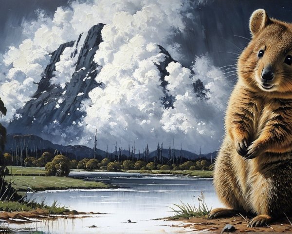 Quokka by a serene lake with majestic mountains