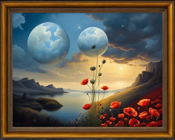 Surreal Landscape with Two Moons and Vibrant Sky