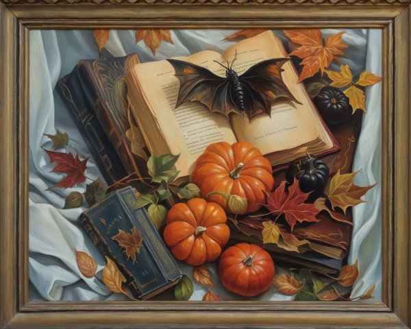 Detailed Still Life with Book, Leaves, and Pumpkins