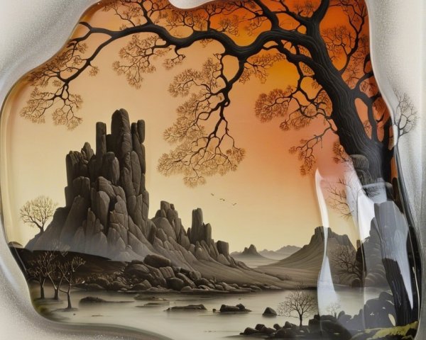 Serene Landscape with Organic Glass-Like Outline