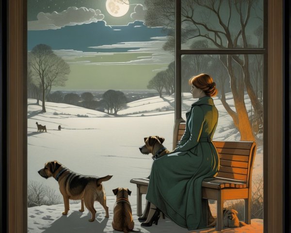Painting of a woman in teal dress with dogs by window