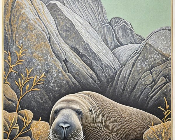 Walrus Resting Among Rocky Terrain and Mountains