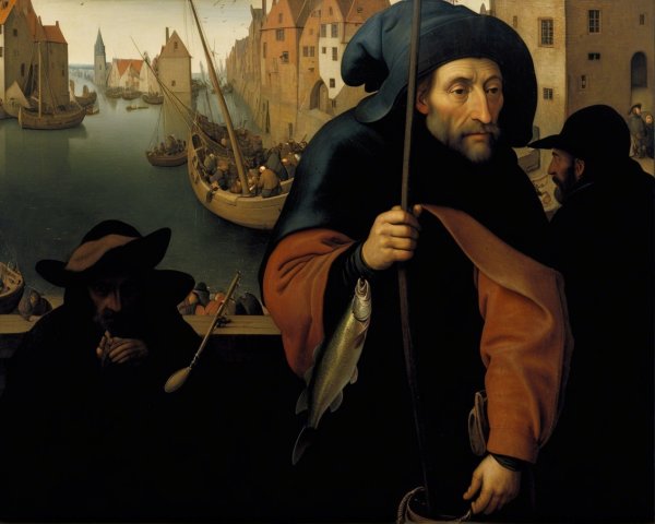 Fishing Scene by a River with Boats and Buildings