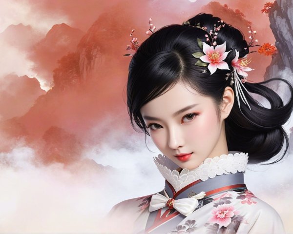 Elegant Woman in Traditional Floral Outfit with Mountains