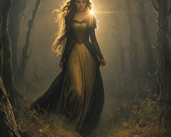 Woman in flowing gown walking in mystical forest