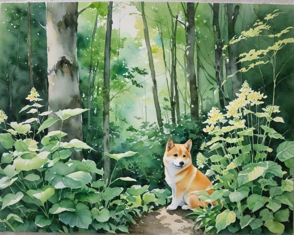 Watercolor Scene of Shiba Inu in Tranquil Forest