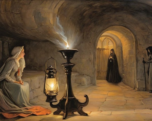 Contemplative Woman in Dim Stone Chamber with Shadows