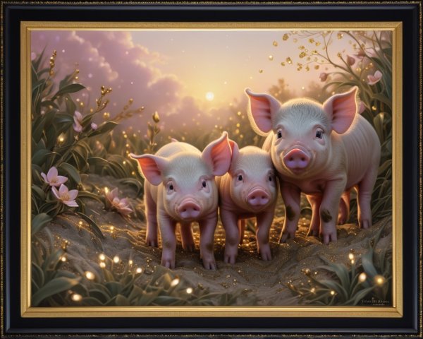 Piglets in a sunlit field with flowers and sunset