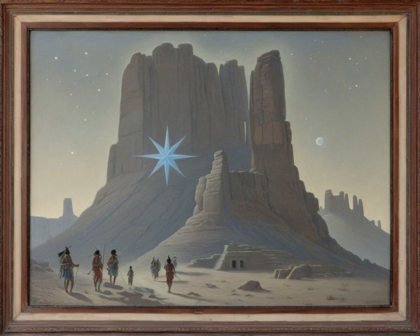 Twilight Desert Landscape with Starry Sky and Figures