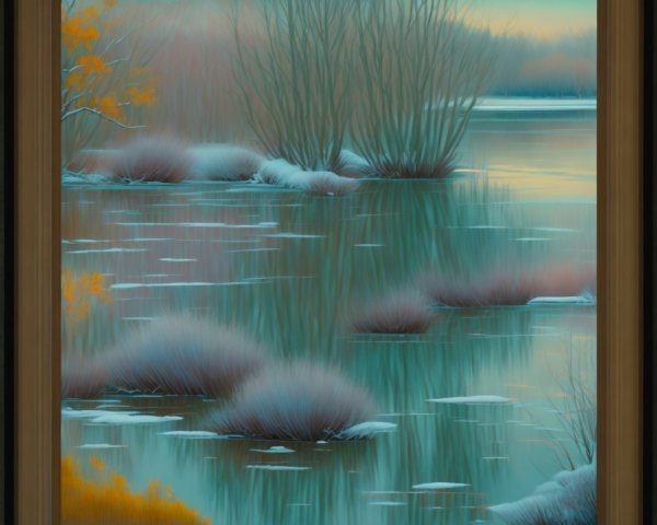 Winter Swamp Scene with Pale Aqua Water and Trees