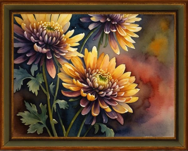 Watercolor Painting of Vibrant Chrysanthemums in Bloom