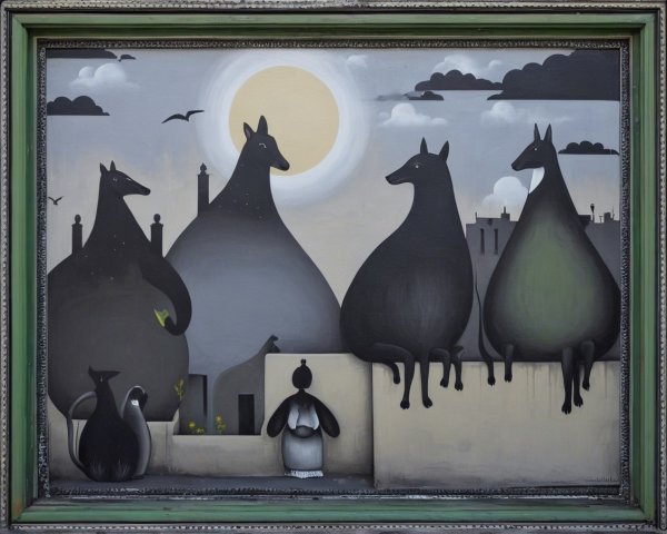 Monochromatic Landscape with Stylized Animals and Moon