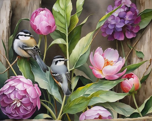 Vibrant Flower Display with Birds in Lush Foliage