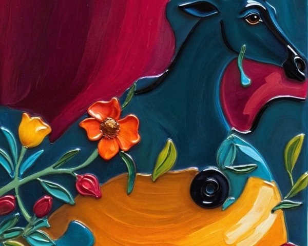 Abstract Blue Cow with Colorful Landscape and Flowers