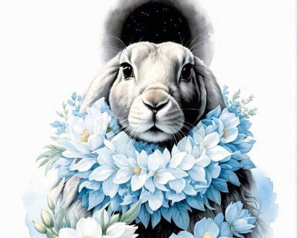Rabbit with Floral Collar in Celestial Background