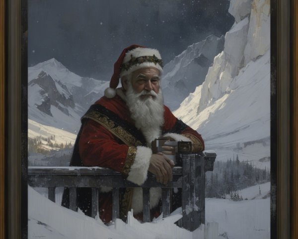Santa Claus Portrait with Holly Wreath and Snowy Background