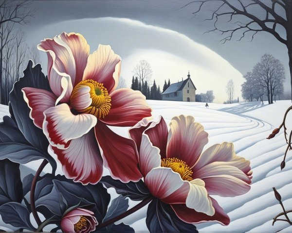 Winter Landscape with Cozy House and Vibrant Flowers