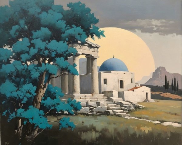 Serene Landscape with Classical Architecture and Colors