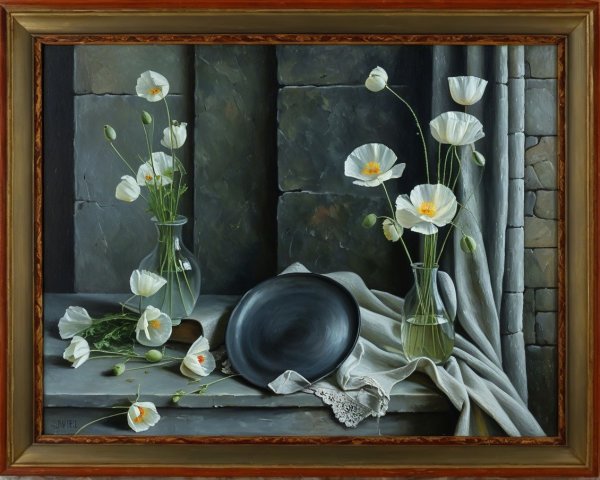Still Life of White Poppies in Glass Vases