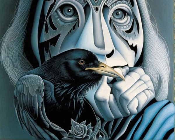 Portrait Blending Human and Bird Elements with Patterns