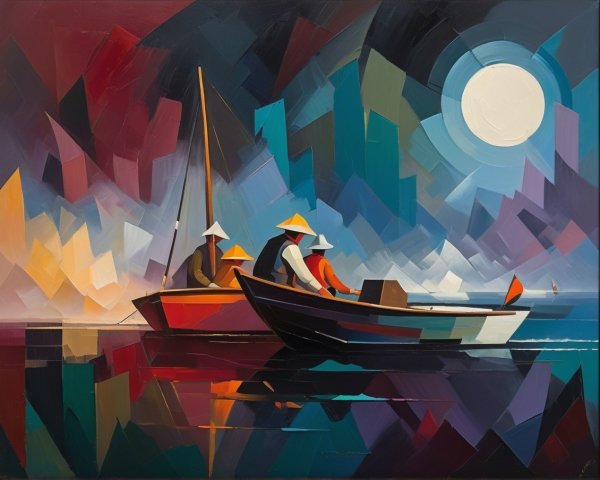 Boats and Fishermen Under a Full Moon Reflection
