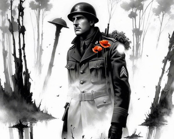 Lone Soldier in Vintage Uniform with Poppies in Landscape