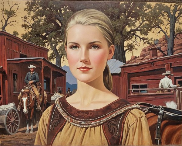 Young Woman in Traditional Dress with Western Scene