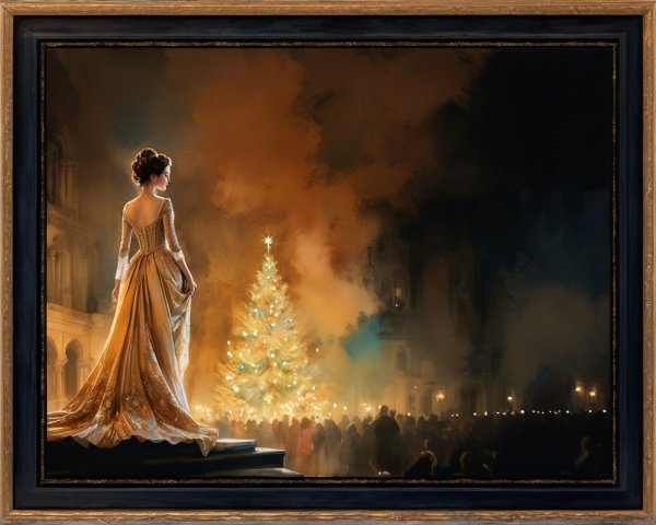 Elegant Woman in Golden Gown by Christmas Tree
