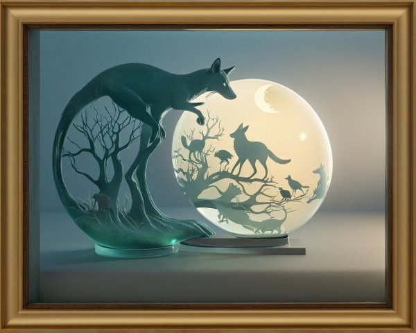 Glass Sculpture of Leaping Fox with Glowing Orb