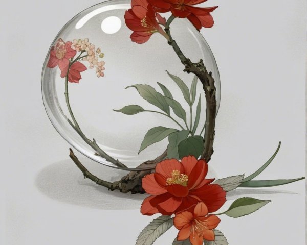 Vibrant Red Flowers in Glass Orb with Green Leaves