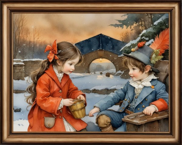 Children in 18th-Century Winter Landscape Watercolor
